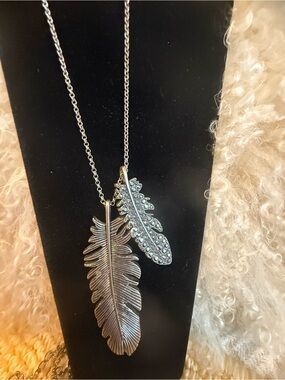 Silver Feather Pendant Necklace with Crystal Accent
